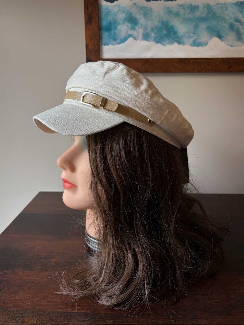 Marcus Adler Cream Newsboy Cap with tan strap buckle Detail - Cotton Linen blend